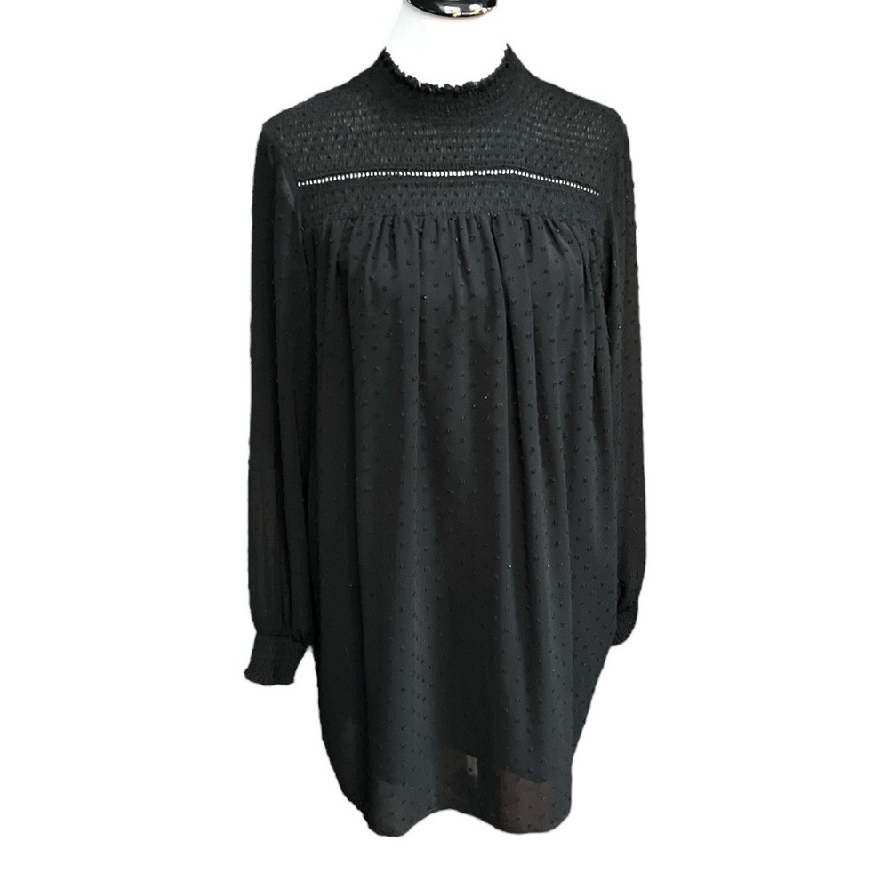 Zara Swiss Dot Mock Neck Mini Babydoll Dress Black Size Medium